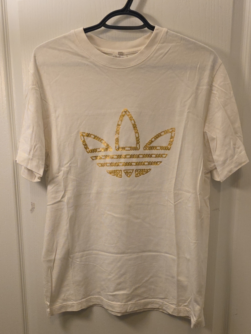 Adidas White Short Sleeve Tee with Gold Trefoil Graphic